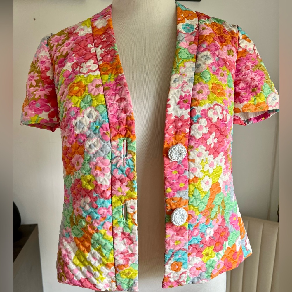 1950s Floral Bed Jacket, Vintage Quilted Top